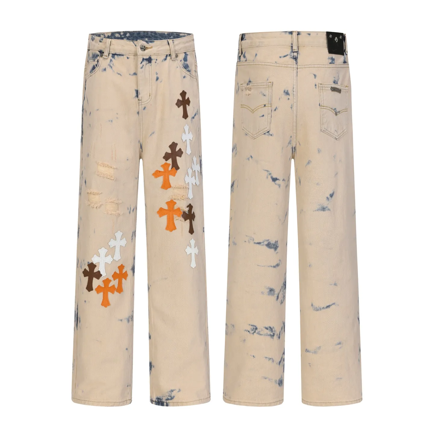 P310 Cross-border model, please do not place an order if you are pursuing quality - Chrome Hearts/Chrome Heart Cross ✝️ Heavy duty washed jeans, trousers and casual pants with leather embroidery - High weight, high density and high quality. The wool is soft, delicate and skin-friendly. Soft and silky to the touch. Warmth and skin-friendly. - Custom-woven and dyed with no color difference. No matter the fabric or workmanship details, it beats the ordinary version on the market - Hardware zipper accessories are all customized, full of details - Color: Tie-dye -Size: 28 30 32 34 36
